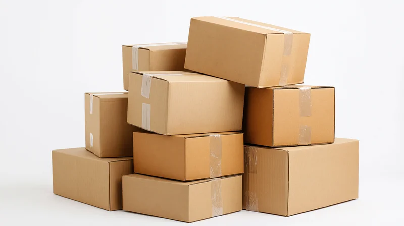 Stack of sealed corrugated cardboard shipping boxes piled on white background