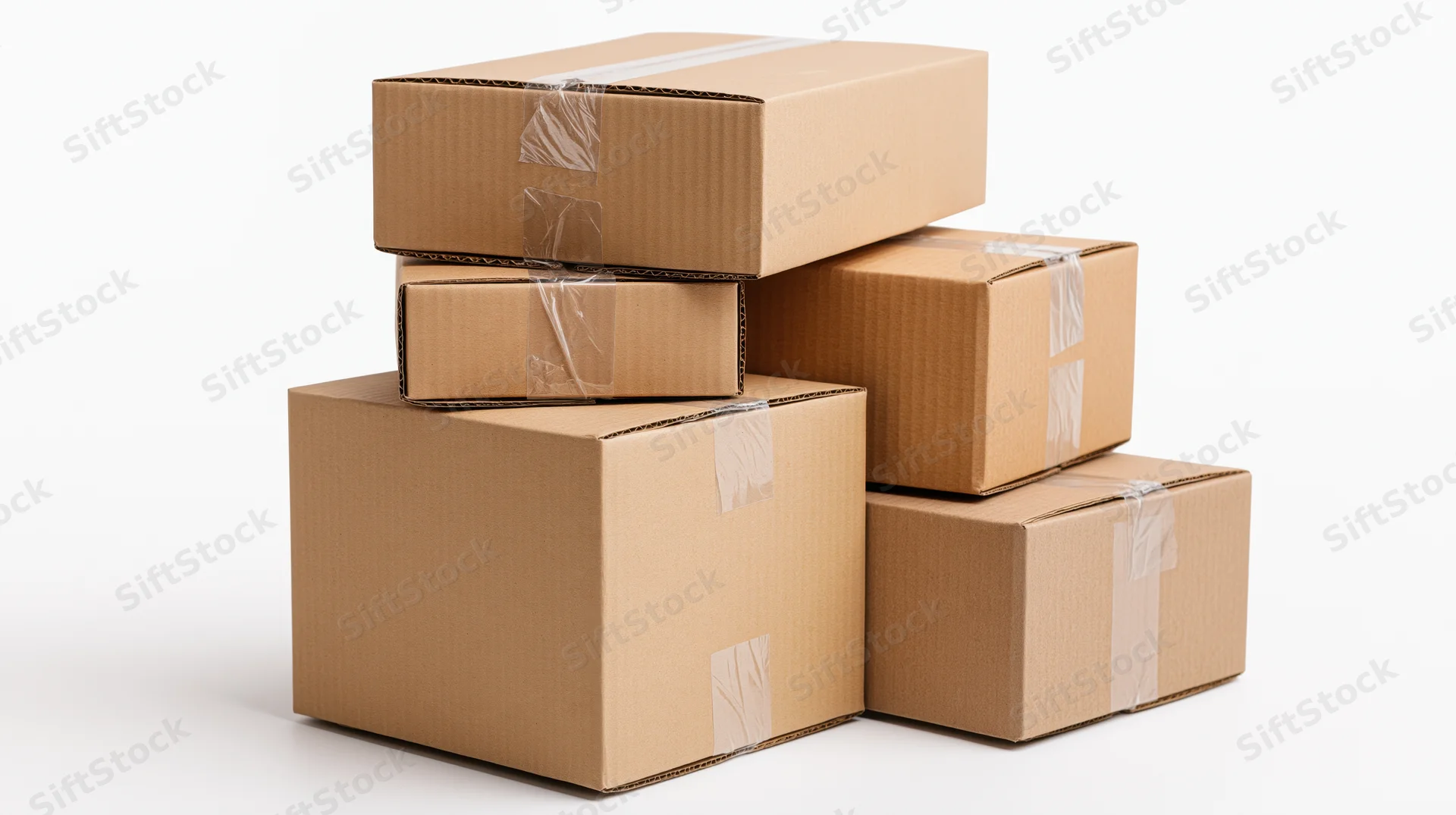 Stack of sealed corrugated cardboard shipping boxes piled on white background