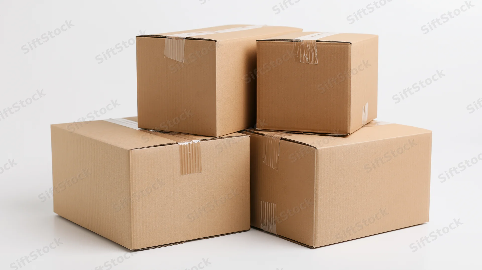 Stack of sealed corrugated cardboard shipping boxes piled on white surface