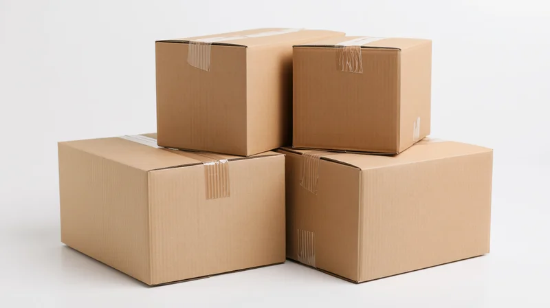 Stack of sealed corrugated cardboard shipping boxes piled on white surface