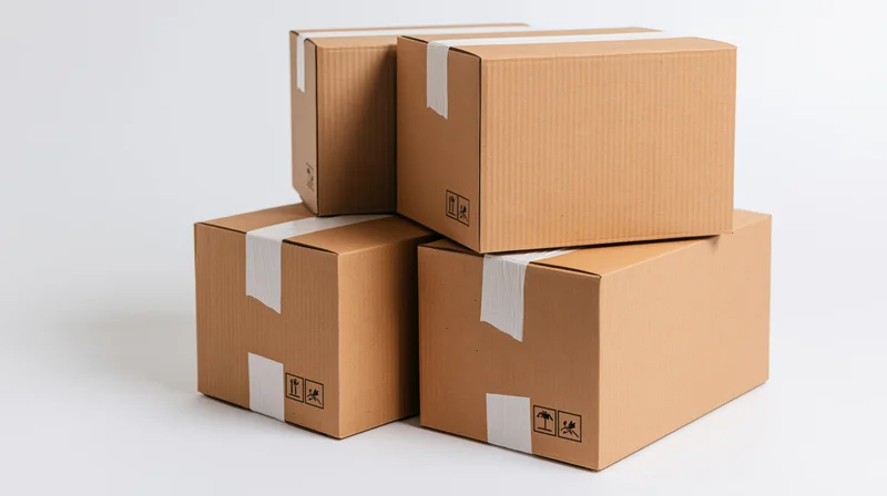 Stack of sealed corrugated cardboard shipping boxes piled together on white background