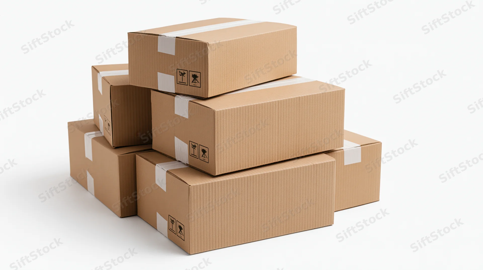 Stack of sealed corrugated cardboard shipping boxes piled together on white background