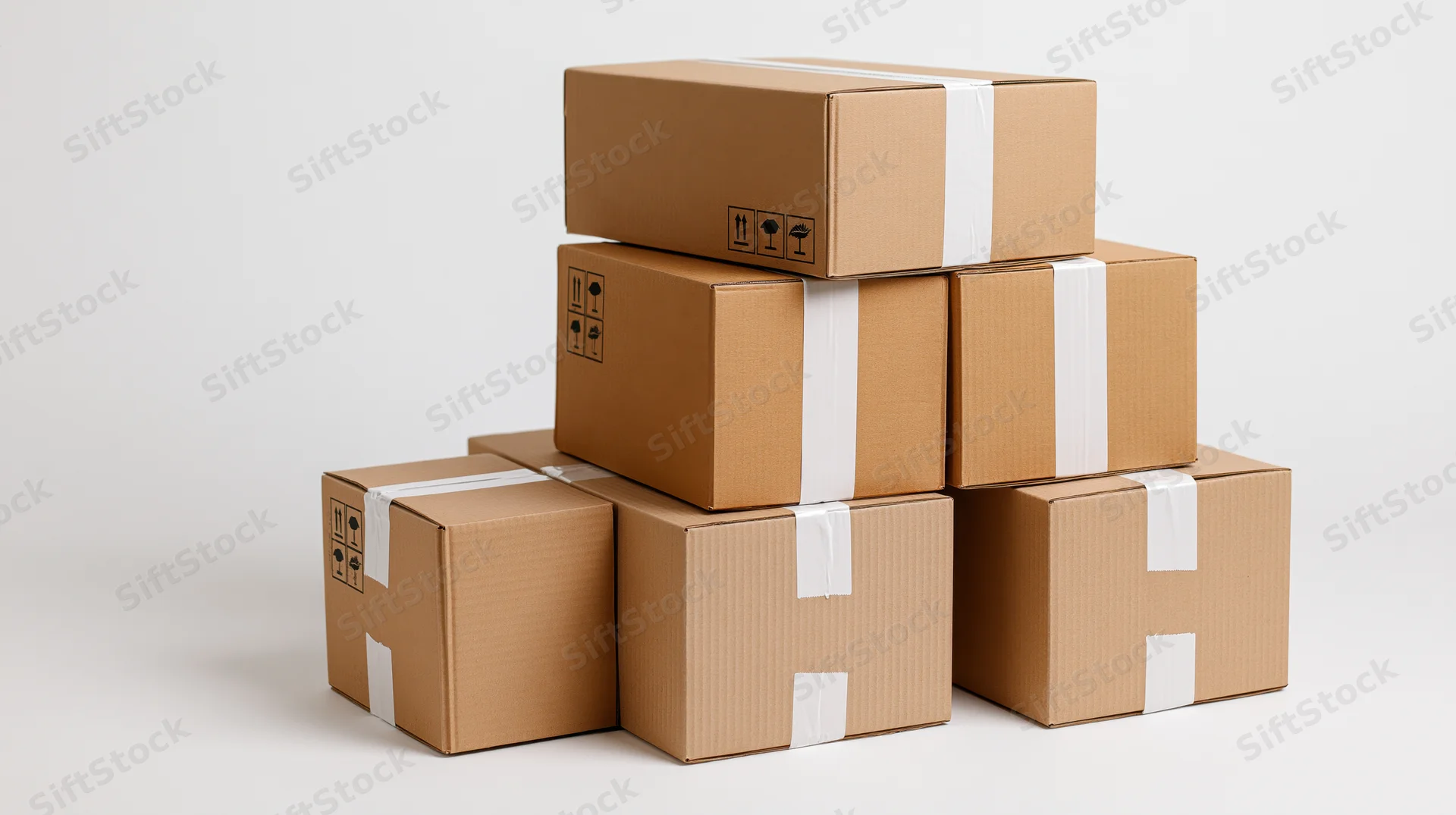 Stack of sealed corrugated cardboard shipping boxes piled together on white background