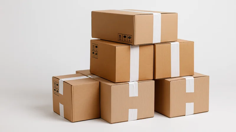 Stack of sealed corrugated cardboard shipping boxes piled together on white background