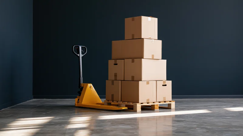 Stacked cardboard boxes on wooden pallet with yellow handtruck in warehouse interior