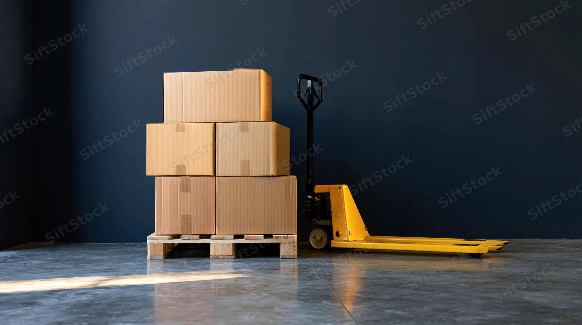 Stacked cardboard boxes on wooden pallet beside yellow hand pallet truck in warehouse