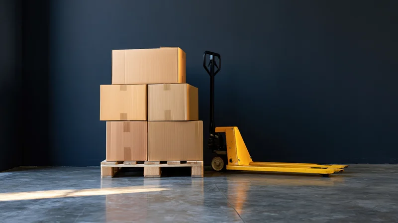 Stacked cardboard boxes on wooden pallet beside yellow hand pallet truck in warehouse
