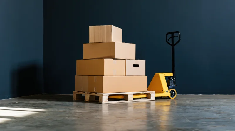 Stacked cardboard boxes on wooden pallet with yellow hand truck in warehouse interior