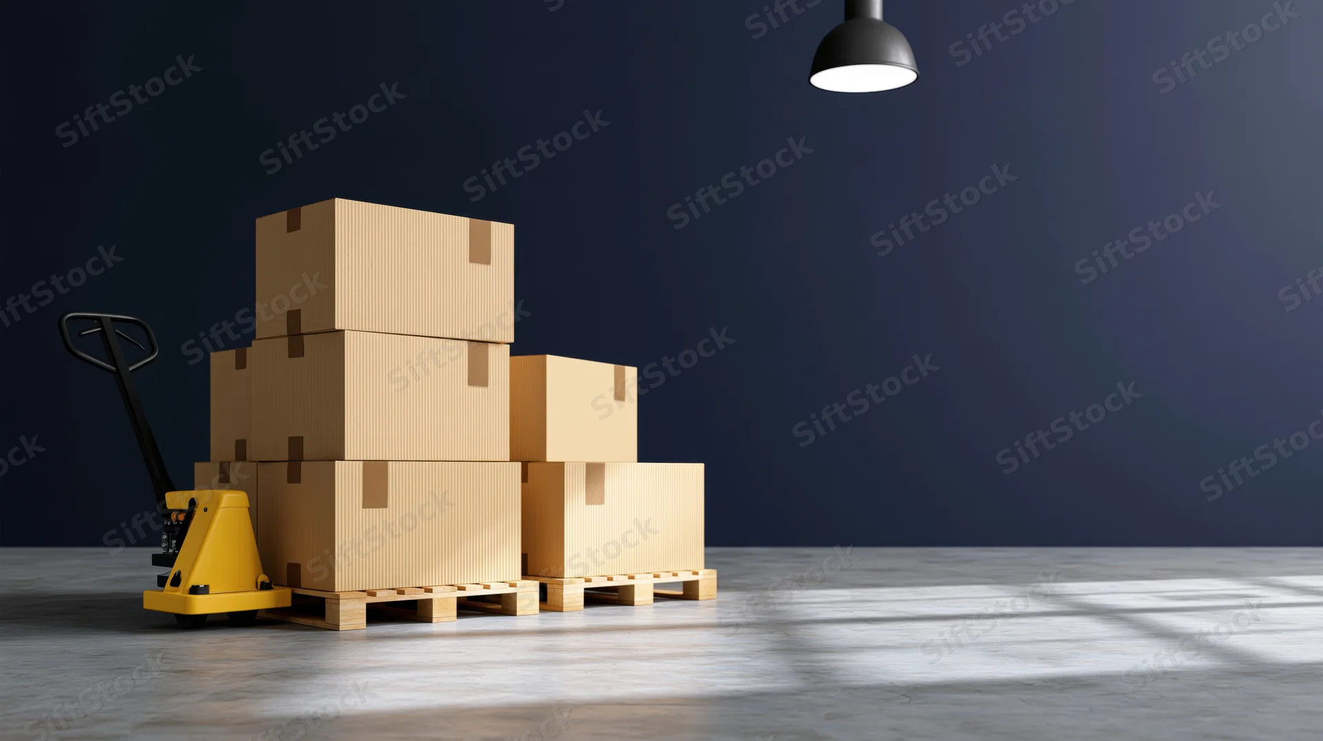Stacked cardboard boxes on wooden pallets with a yellow manual pallet jack in a warehouse interior