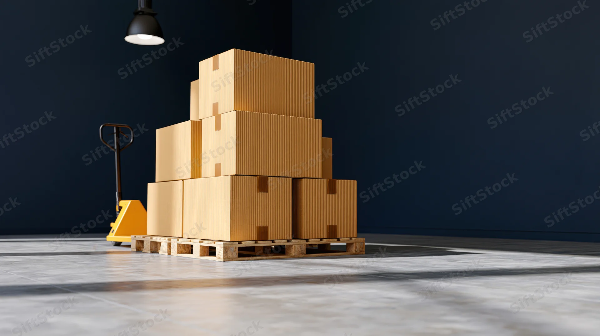 Stacked cardboard boxes on wooden pallet in warehouse with yellow manual pallet jack and overhead light