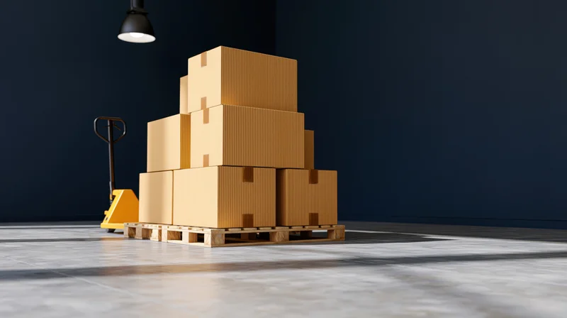 Stacked cardboard boxes on wooden pallet in warehouse with yellow manual pallet jack and overhead light