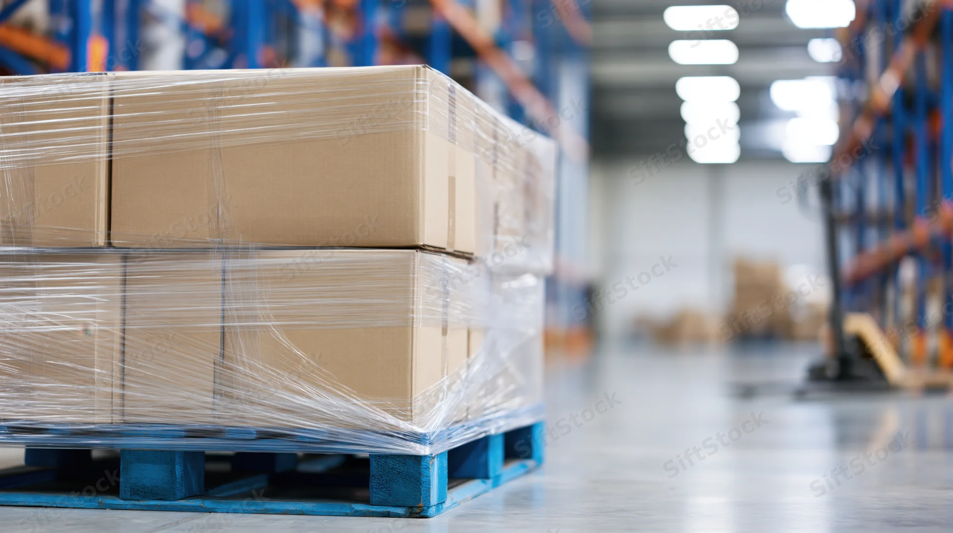 Stacked cardboard boxes wrapped in clear plastic stretch film on a blue pallet in a warehouse