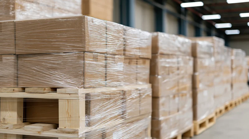 Stacked cardboard boxes wrapped in clear stretch film on wooden pallets in a warehouse