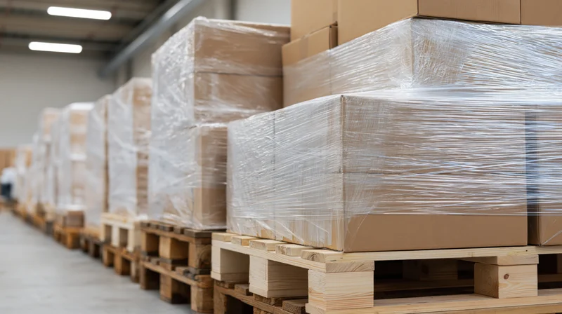 Stacked cardboard boxes wrapped in stretch film on wooden pallets in a warehouse