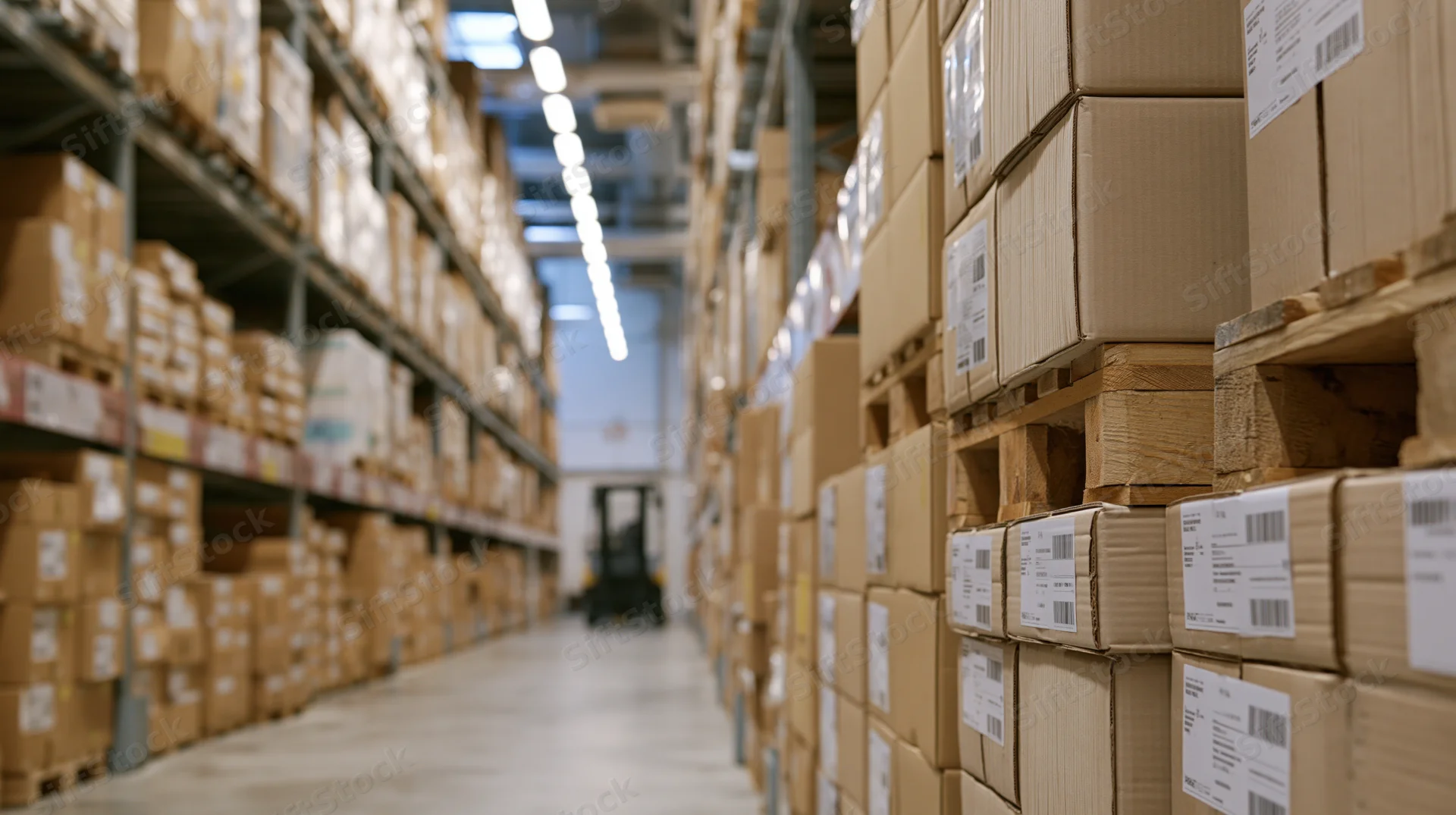Stacked cardboard boxes on wooden pallets in a warehouse aisle with forklift in background