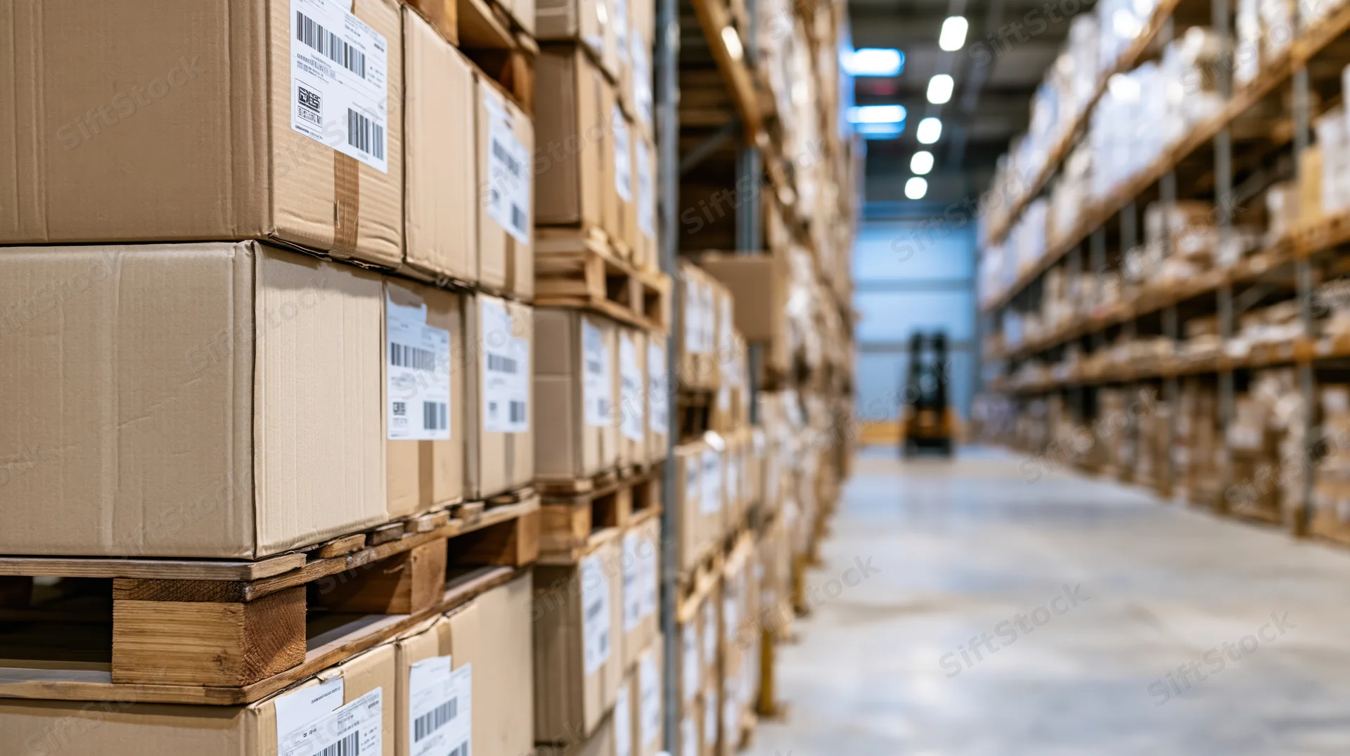 Stacked cardboard boxes on wooden pallets in a warehouse aisle