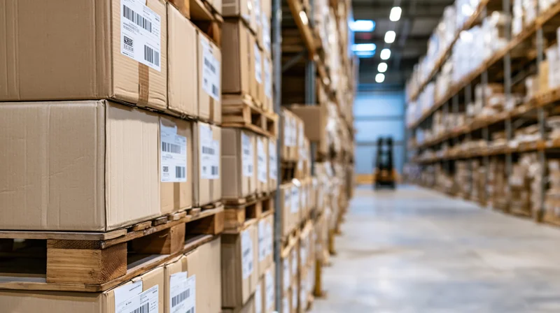 Stacked cardboard boxes on wooden pallets in a warehouse aisle