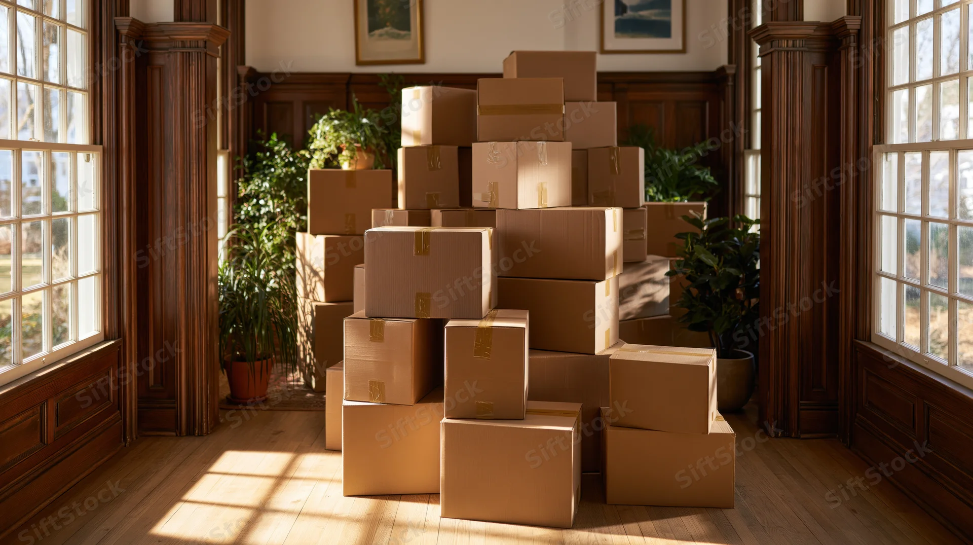 Stacks of cardboard moving boxes piled high in a sunlit victorian room with wooden columns and potted plants