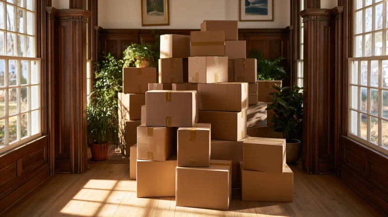 Stacks of cardboard moving boxes piled high in a sunlit victorian room with wooden columns and potted plants