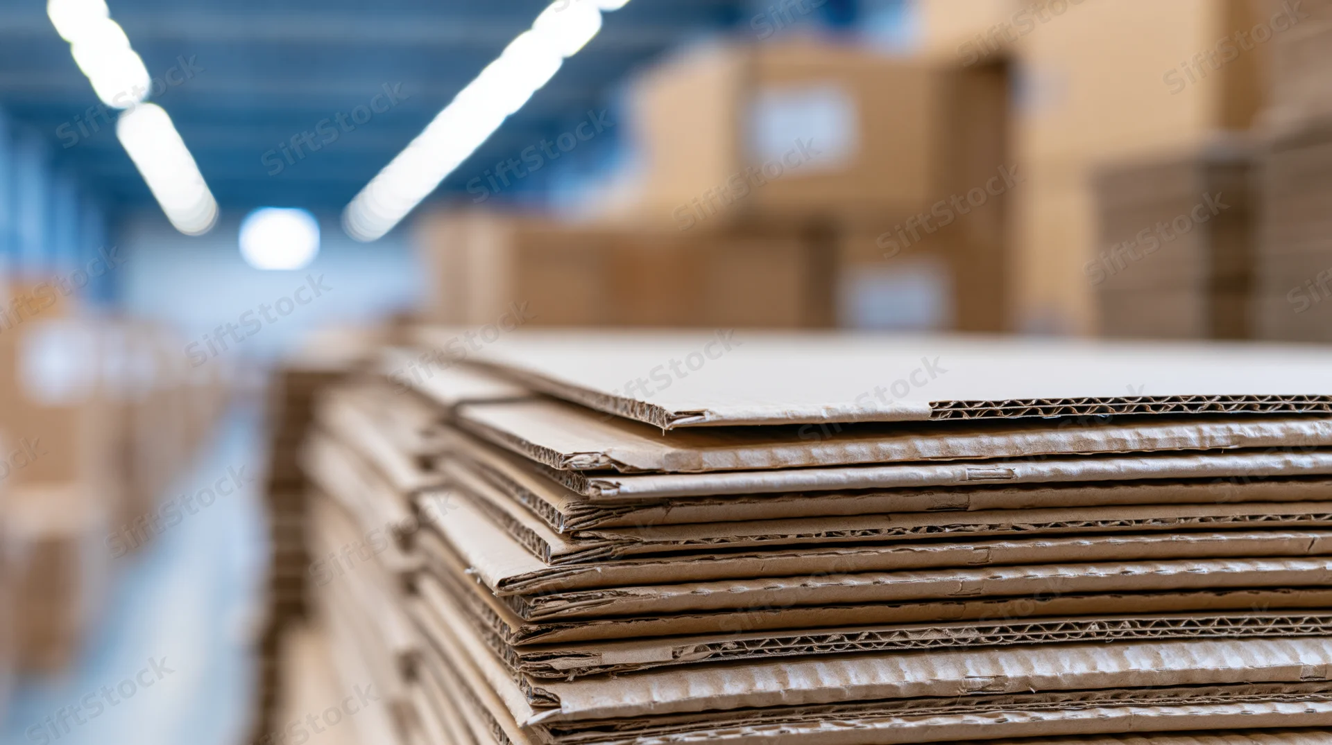 Stacks of flat corrugated cardboard sheets piled high in a warehouse aisle