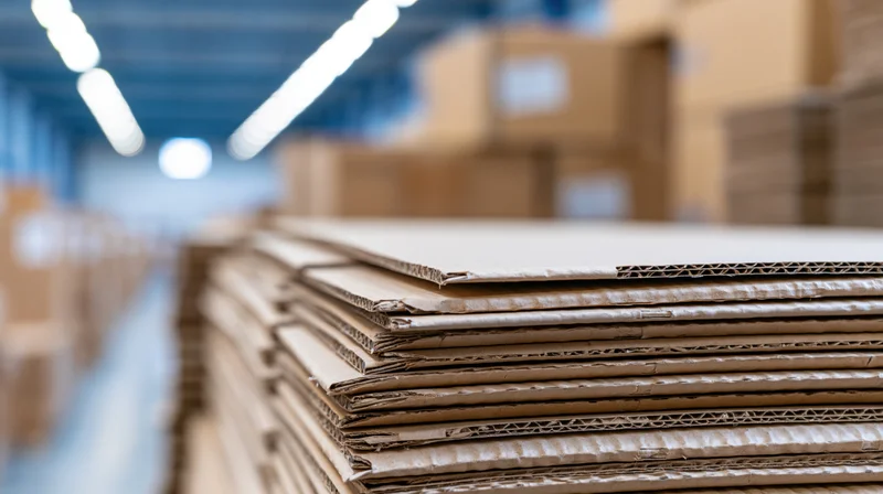 Stacks of flat corrugated cardboard sheets piled high in a warehouse aisle
