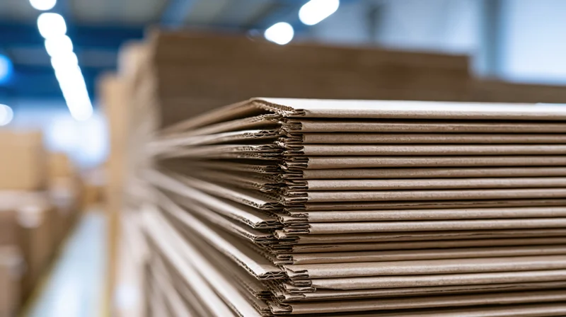 Stacks of flat corrugated cardboard sheets piled high in a warehouse