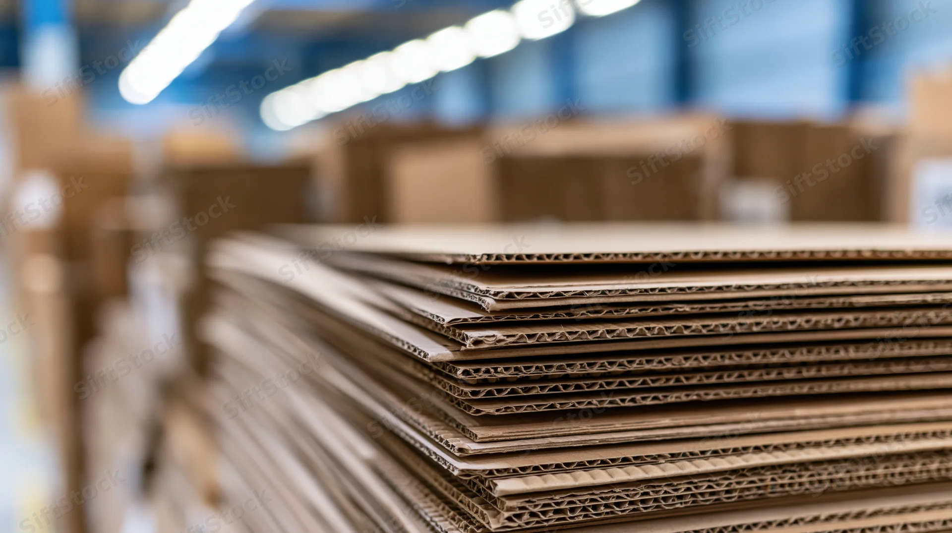 Stacks of flat corrugated cardboard sheets piled high in a warehouse