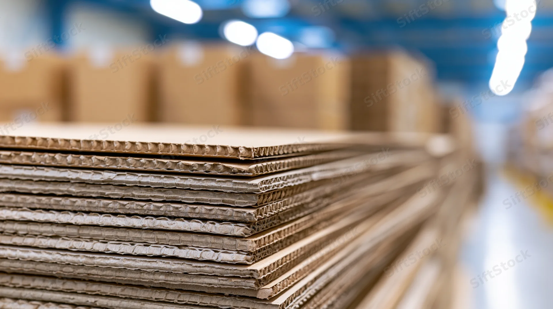 Stacks of flat corrugated cardboard sheets piled high in a warehouse aisle