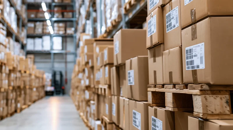 Stacks of sealed cardboard boxes on wooden pallets filling a warehouse aisle