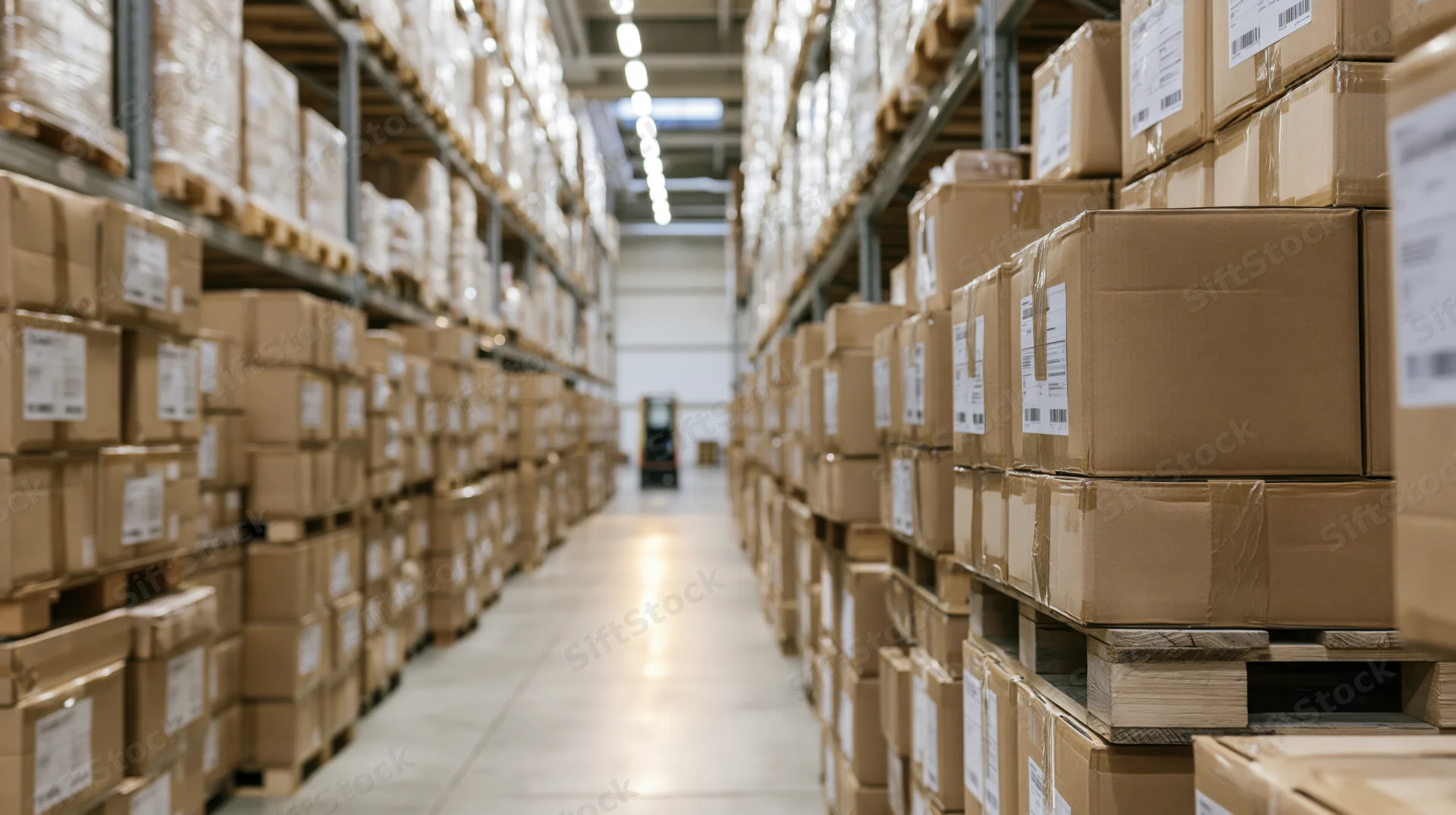 Stacks of sealed cardboard boxes on wooden pallets arranged in aisles inside a warehouse