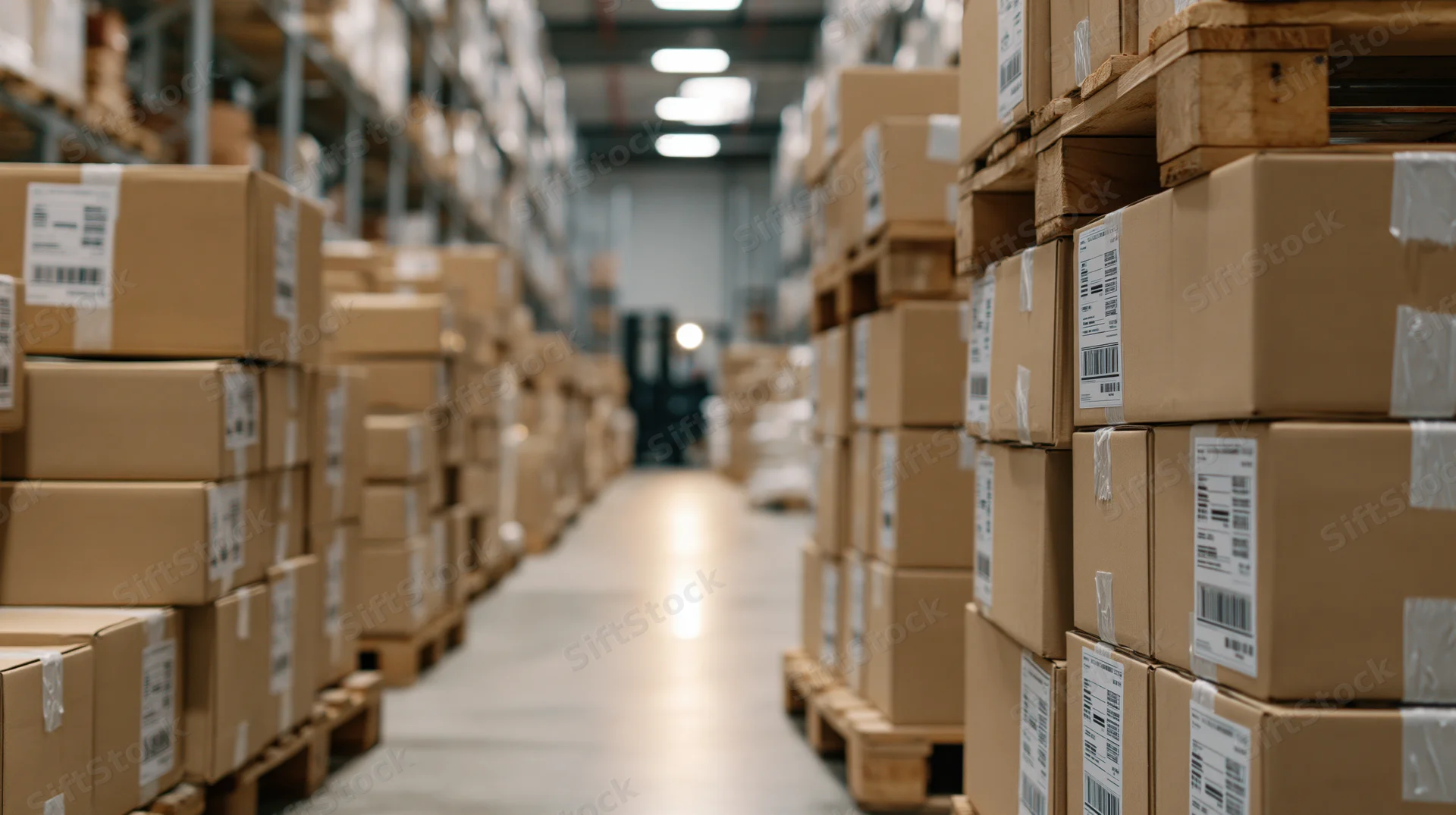 Stacks of sealed cardboard boxes on wooden pallets filling a warehouse aisle