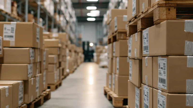 Stacks of sealed cardboard boxes on wooden pallets filling a warehouse aisle