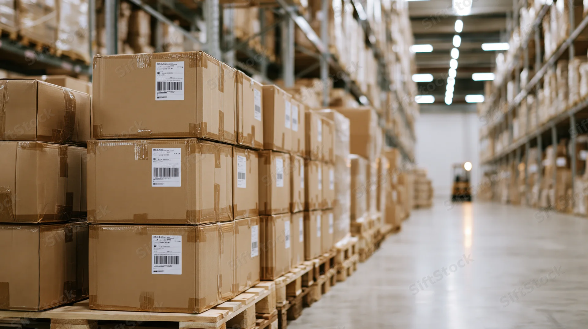 Stacks of sealed cardboard boxes on wooden pallets filling a warehouse aisle
