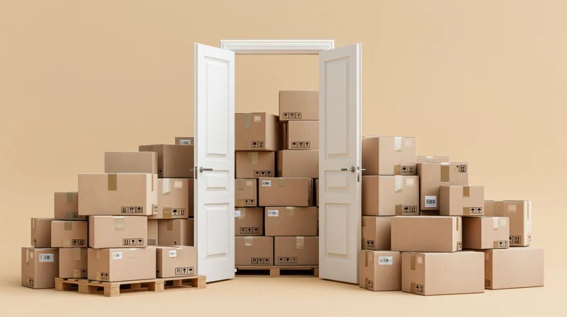 Stacks of sealed cardboard shipping boxes piled around and in an open doorway of a storage area
