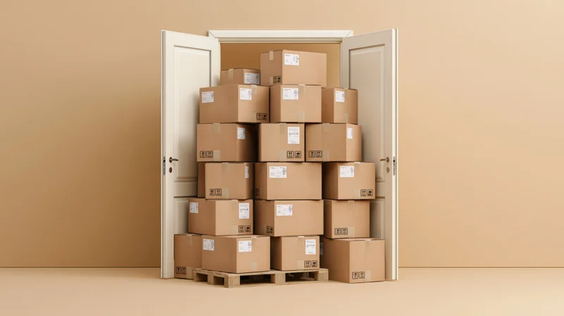 Stacks of sealed cardboard shipping boxes piled around and in an open door inside a storage space