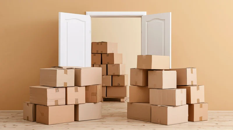 Stacks of sealed cardboard shipping boxes piled around and in front of an open white door in a room with beige walls and wooden floor