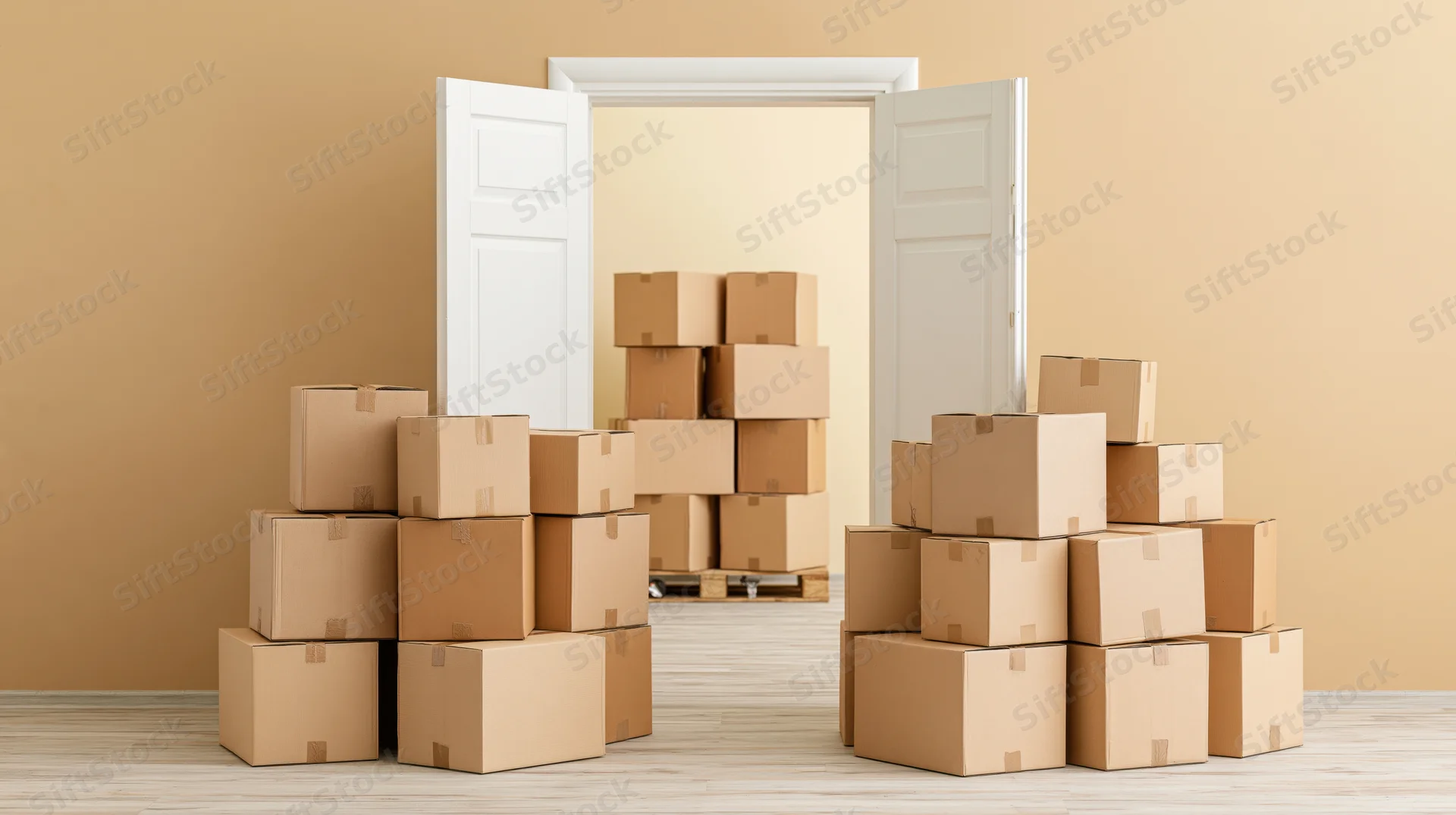 Stacks of sealed cardboard shipping boxes piled around and in an open doorway of a room