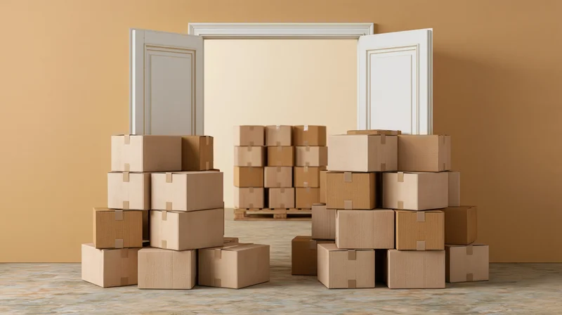 Stacks of sealed cardboard shipping boxes piled around and in an open doorway of a warehouse interior
