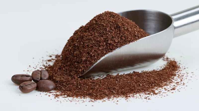 Stainless steel coffee measuring scoop heaped with coarse ground