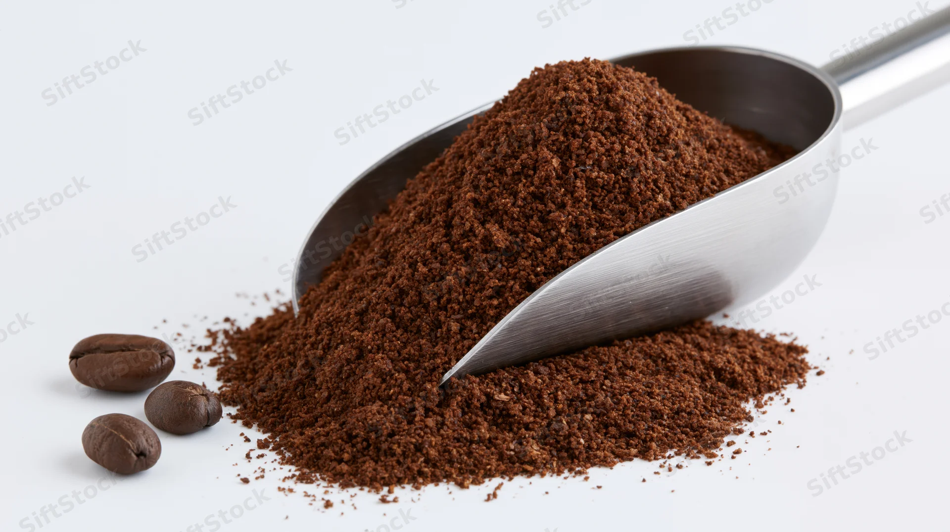 Stainless steel scoop heaped with ground coffee beside whole beans on white background