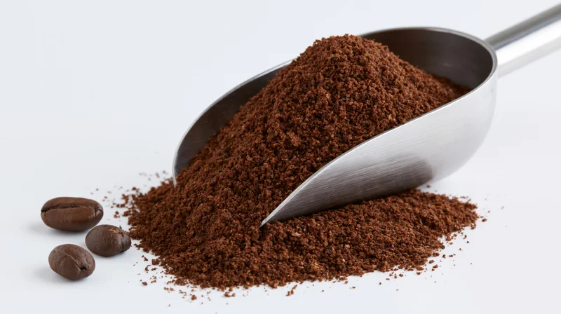 Stainless steel scoop heaped with ground coffee beside whole beans on white background