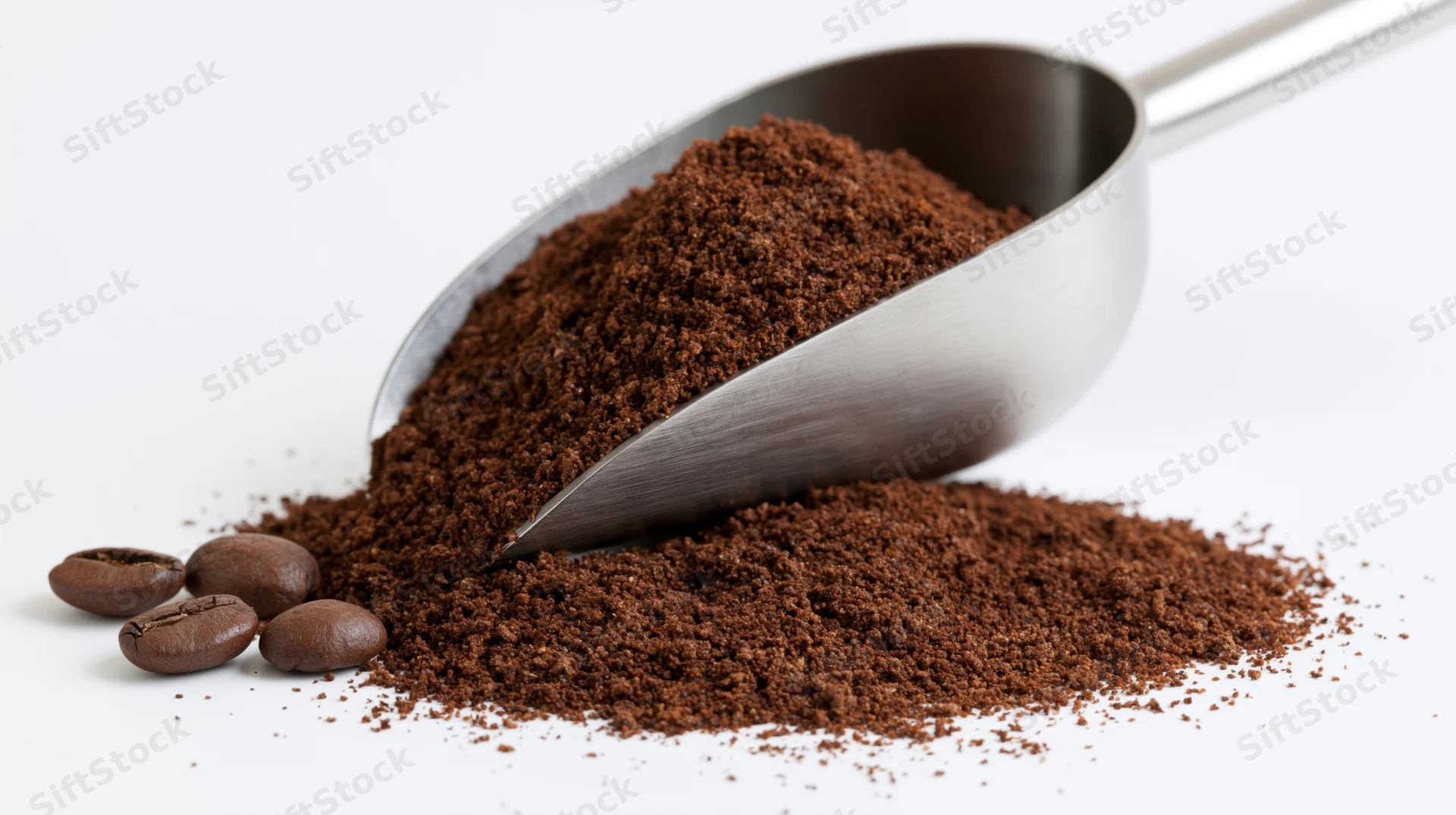 Stainless steel scoop filled with coarse ground coffee spilling onto white surface with whole beans nearby