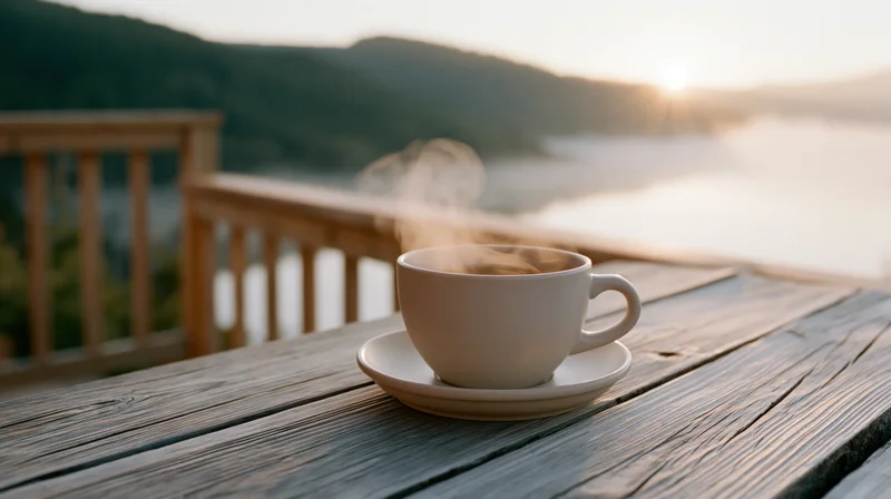 Steaming coffee cup on saucer on weathered wooden deck overlooking mountain valley at sunrise