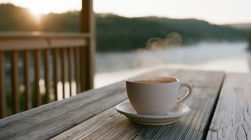 Steaming coffee cup on a saucer resting on a weathered wooden deck overlooking a misty lake at sunrise