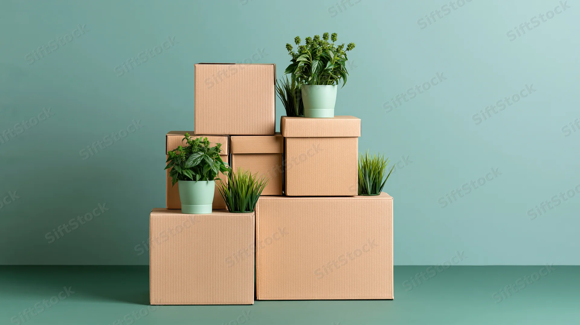 Stacked cardboard moving boxes arranged in tiers with potted green plants on a teal background