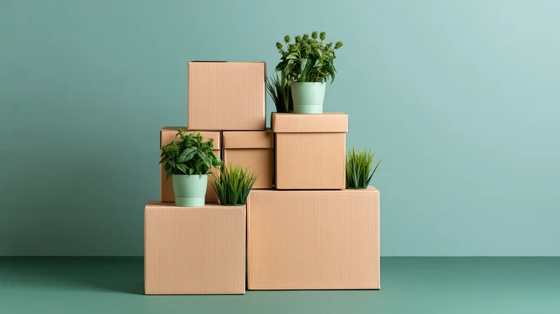 Stacked cardboard moving boxes arranged in tiers with potted green plants on a teal background