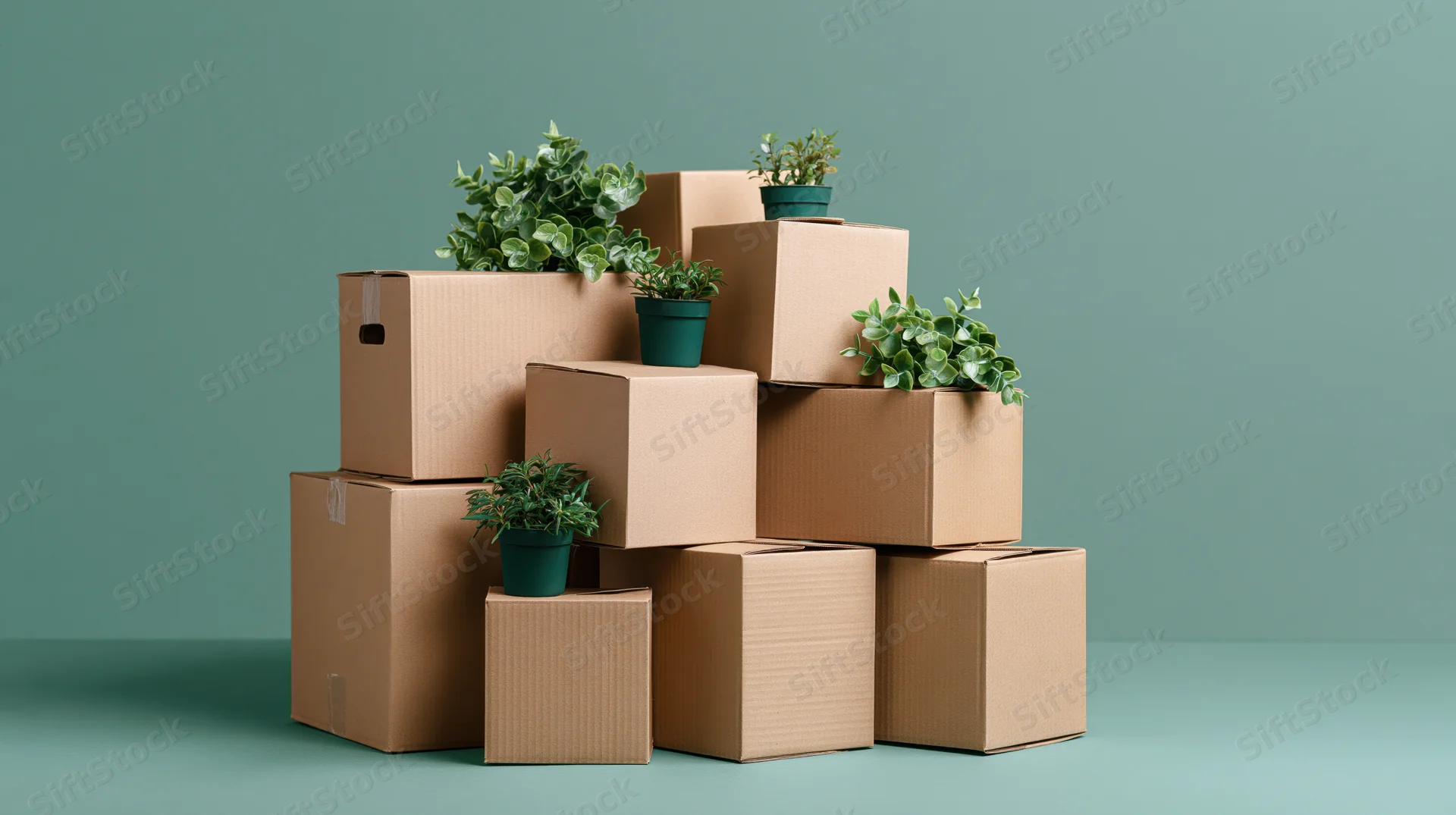 Stacked cardboard moving boxes with potted succulents arranged in a pyramid on a teal background