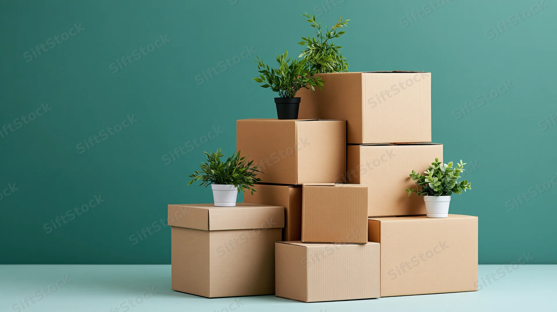 Stacked cardboard moving boxes with potted plants arranged in a studio setting against a teal background