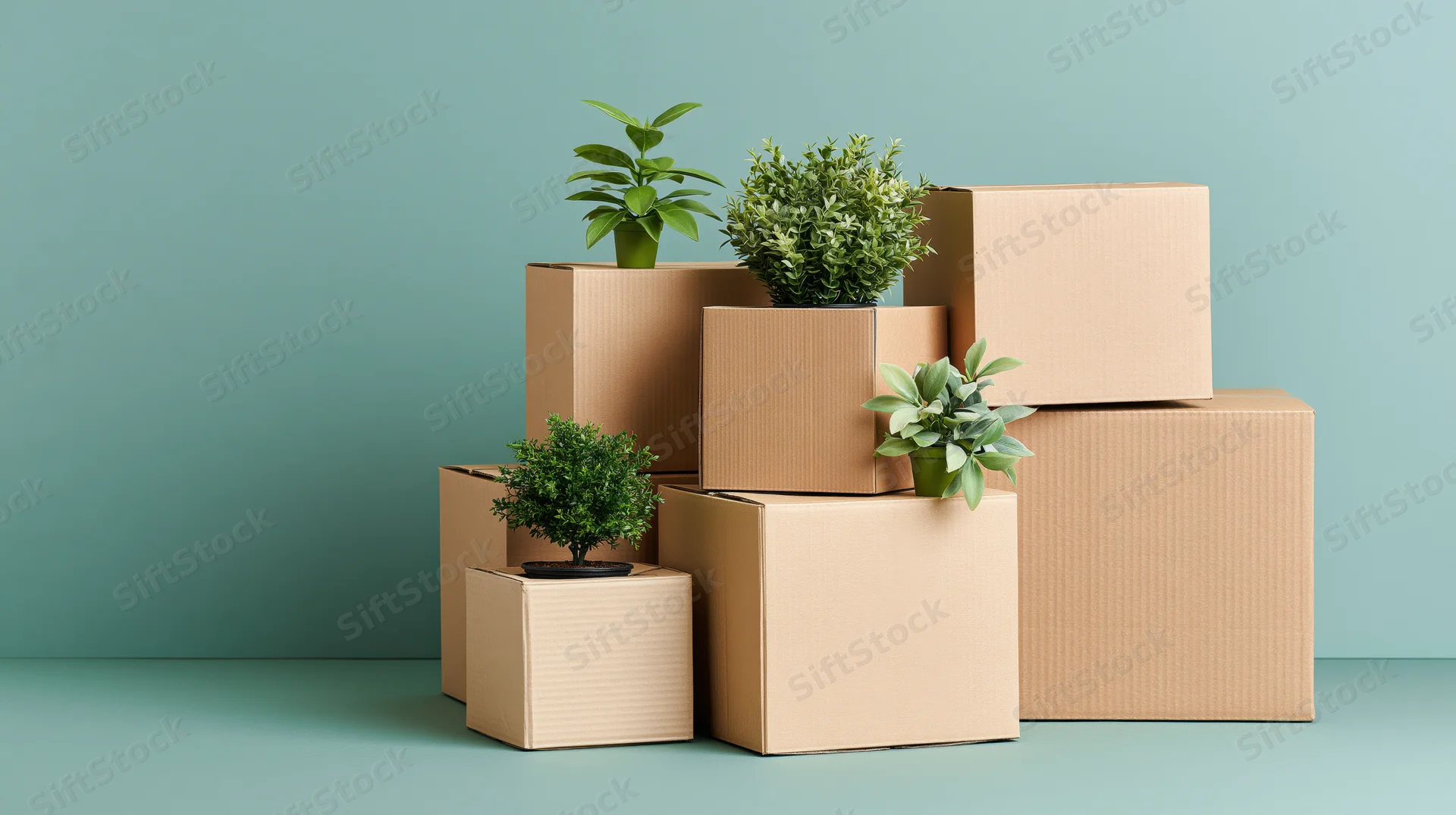 Stacked cardboard moving boxes with potted green plants arranged against a teal background