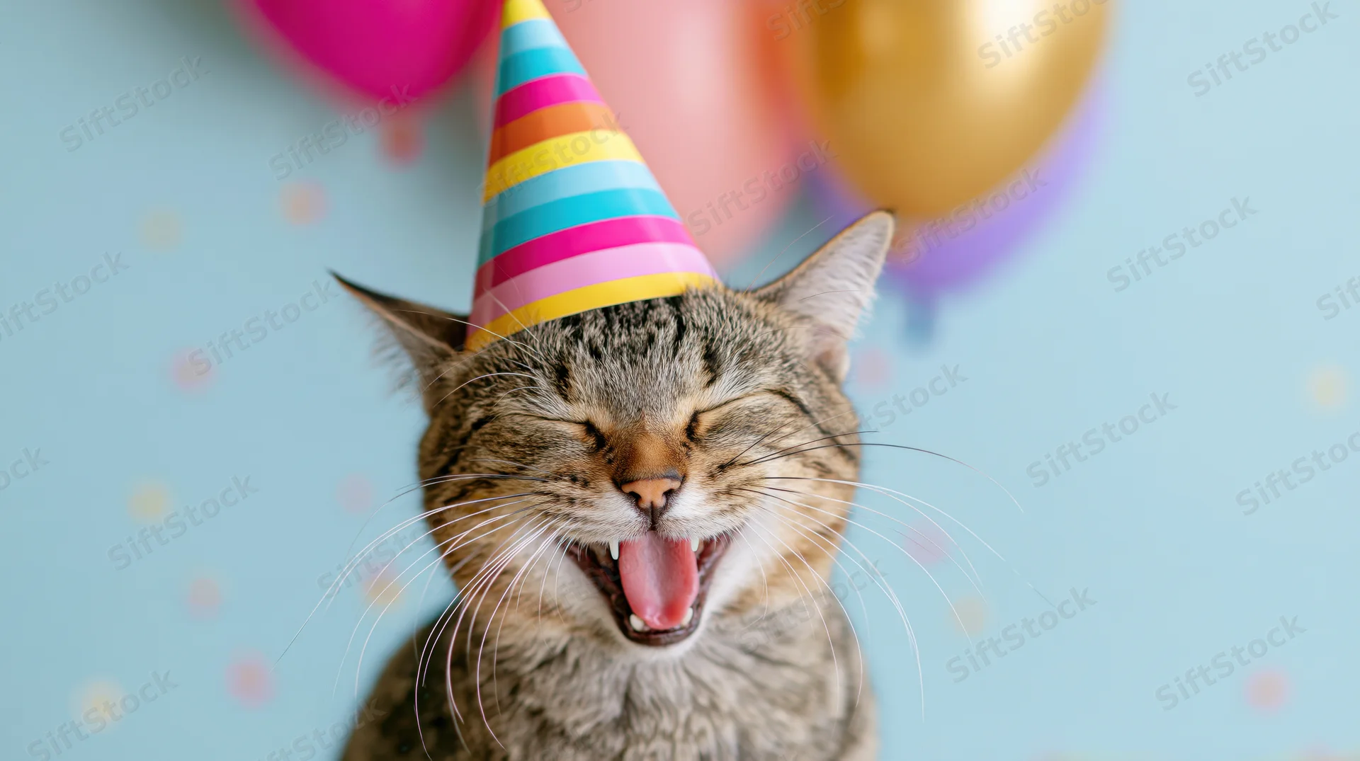 Tabby cat wearing colorful striped party hat with mouth open in joyful expression against blue background with balloons and confetti